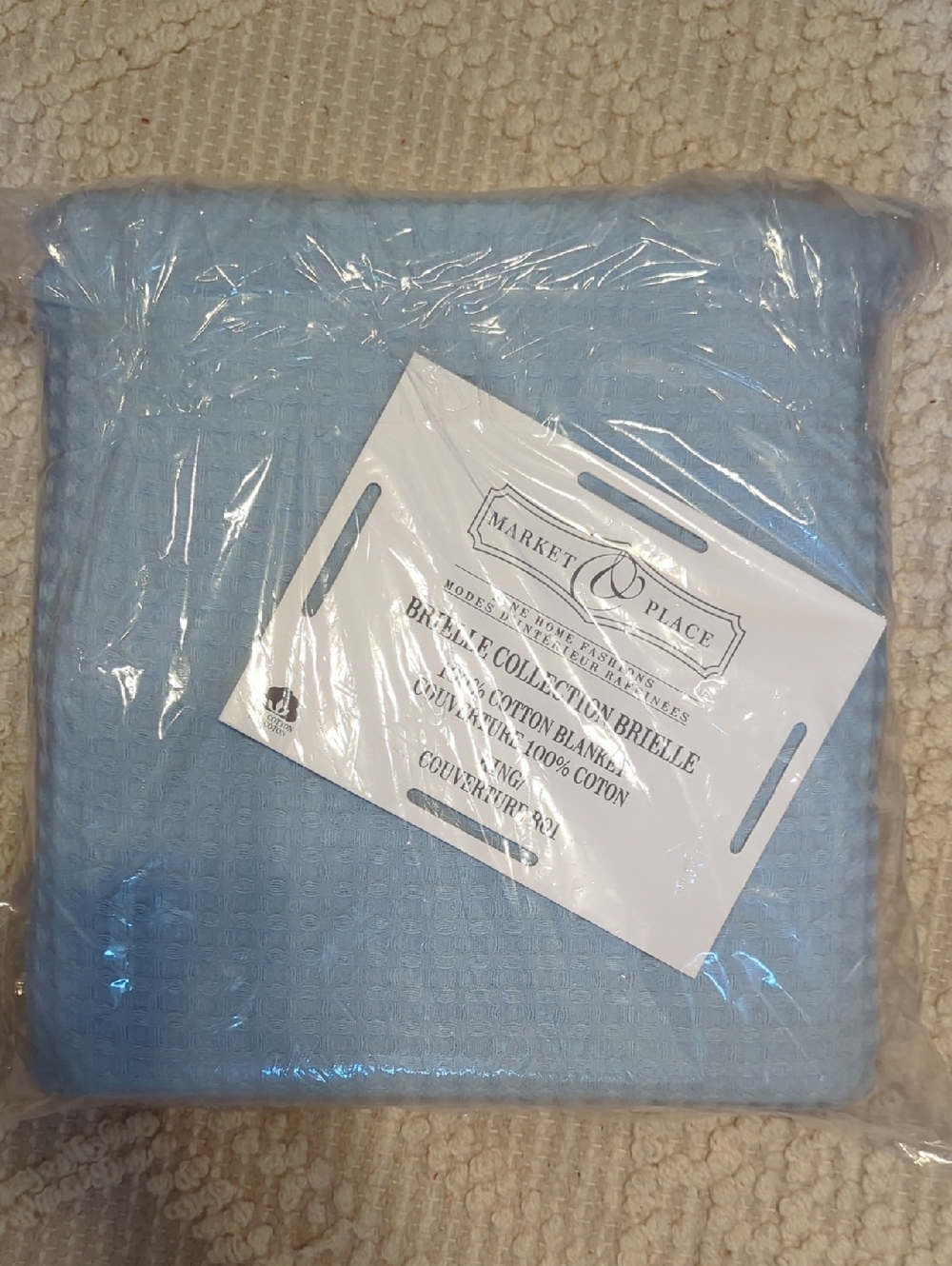 Market Place 100% Cotton Waffle Weave Blanket King Light Blue Brand New 108x90